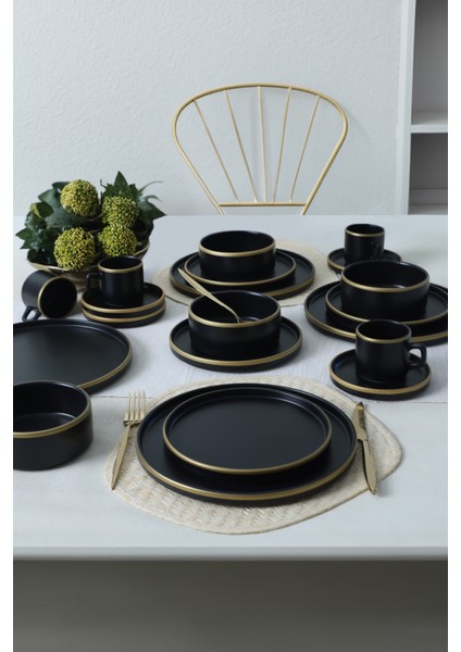 Mat Siyah Gold Fileli Stackable Yemek / Kahvaltı Takımı 20 Parça 4 Kişilik