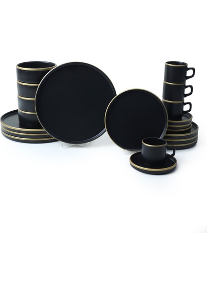 Mat Siyah Gold Fileli Stackable Yemek / Kahvaltı Takımı 20 Parça 4 Kişilik