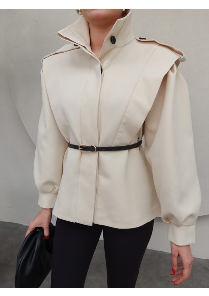 Krem Kemerli Tasarım Ceket modelleri