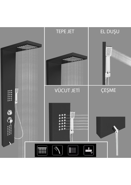Victoria Antrasit Gri Masajlı Duş Paneli - Dikey Jakuzi - Robot Duş - El Duşu - Lüx Duş