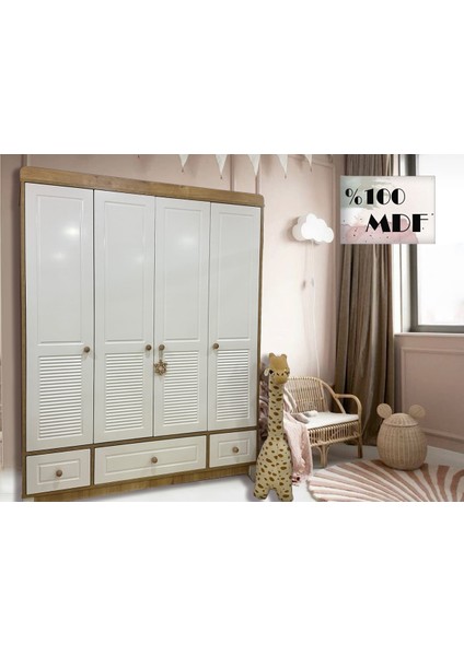 Mdf Panjur Ahşap Beyaz 4 Kapılı Bebek&çocuk Gardırop