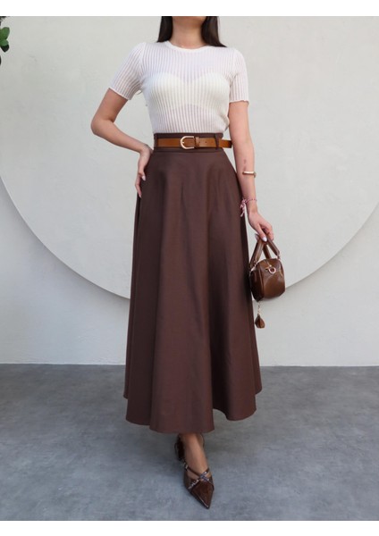 Kahverengi Midi Gabardin Etek