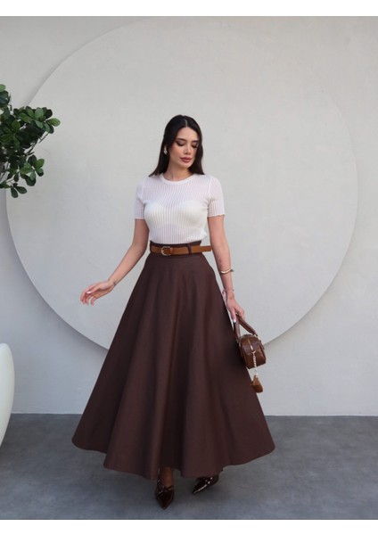 Kahverengi Midi Gabardin Etek