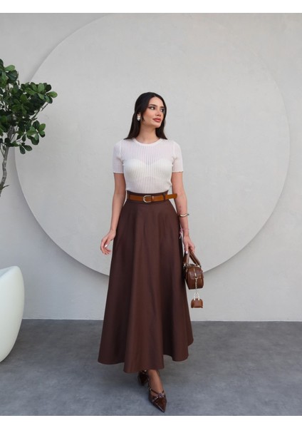 Kahverengi Midi Gabardin Etek