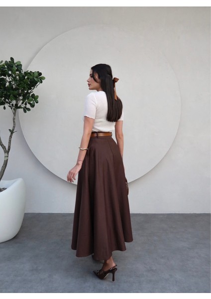 Kahverengi Midi Gabardin Etek