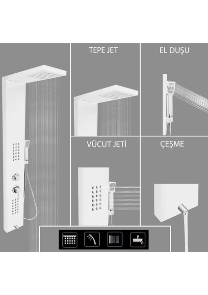 Victoria Beyaz Masajlı Duş Paneli - Dikey Jakuzi - Robot Duş - El Duşu - Lüx Duş fırsatları