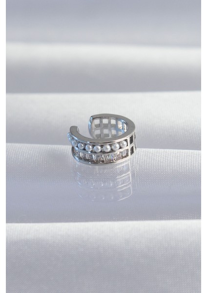 Pirinç Gümüş Renk Incili Baget Taşlı Earcuff Küpe - Lisinya
