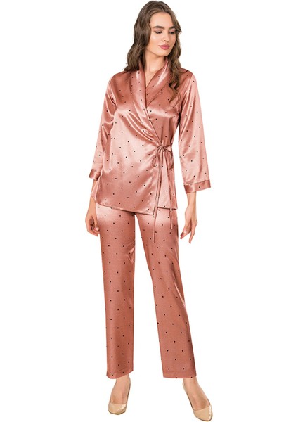 Egeteks Kadın Yavru Ağzı Nokta Desenli Belden Bağlamalı Saten Pijama Takımı