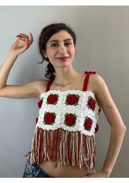 El Örgüsü Güllü Kabartma Püsküllü Kadın Büstiyer Crop