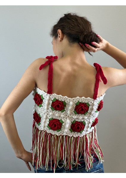 El Örgüsü Güllü Kabartma Püsküllü Kadın Büstiyer Crop