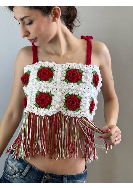 El Örgüsü Güllü Kabartma Püsküllü Kadın Büstiyer Crop