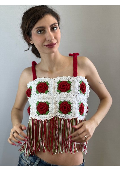 El Örgüsü Güllü Kabartma Püsküllü Kadın Büstiyer Crop
