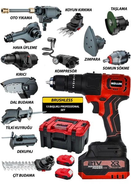 Alman 21 V Kömürsüz Motor Metal Dişli 13 Başlıklı Hepsi Bir Arada Muhteşem Profesyonel Ful Set