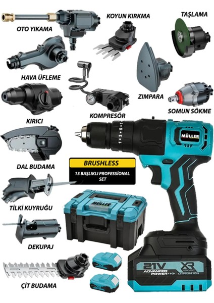 Alman 21 V Kömürsüz Motor Metal Dişli 13 Başlıklı Hepsi Bir Arada Muhteşem Profesyonel Ful Set