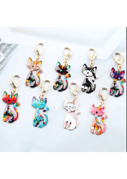 8'li Yaratıcı Çizgi Film Retro Cazive Kedi Şekilli Anahtarlık Set