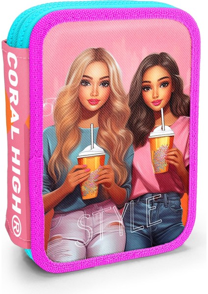 Kids Pembe Neon Mercan Fashion Girl Desenli Çift Katlı Kalem Çanta 11141