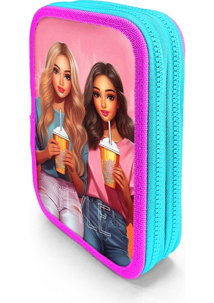 Kids Pembe Neon Mercan Fashion Girl Desenli Çift Katlı Kalem Çanta 11141 fiyatları