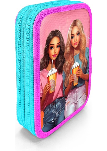 Kids Pembe Neon Mercan Fashion Girl Desenli Çift Katlı Kalem Çanta 11141 modelleri