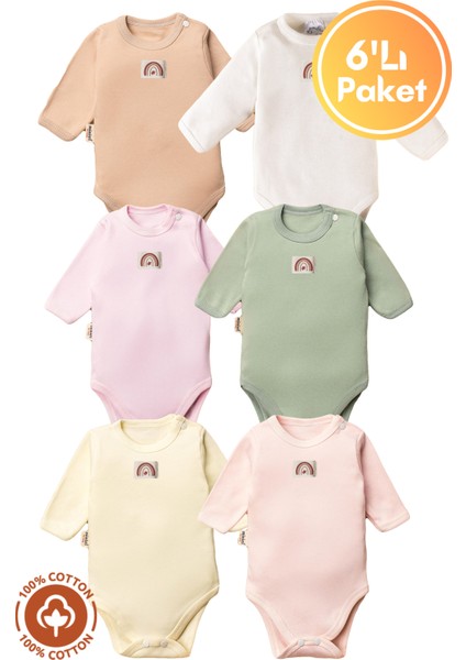Unisex %100 Organik Pamuklu Arma Detaylı 3-6-9-12 Ay 6lı Uzun Kollu Bebek Body Zıbın