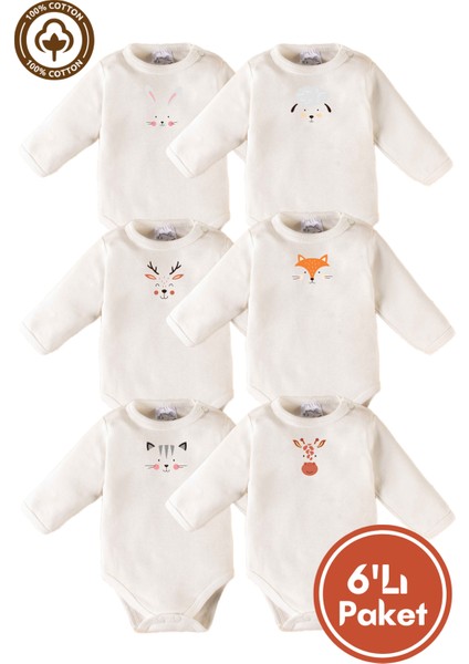 Unisex %100 Organik Pamuklu Hayvan Figürlü 3-6-9-12 Ay 6lı Uzun Kollu Bebek Body Zıbı