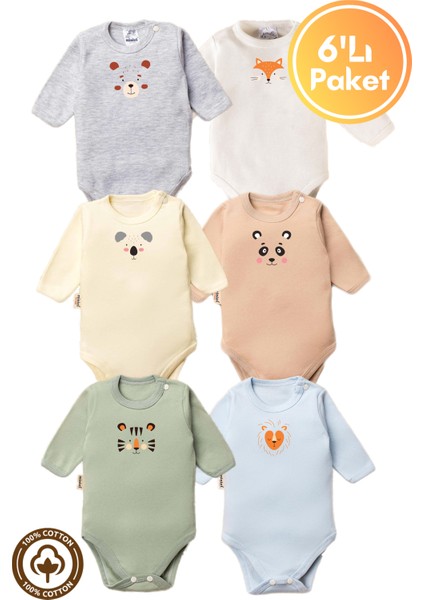 Unisex %100 Organik Pamuklu Hayvan Figürlü 3-6-9-12 Ay 6lı Uzun Kollu Bebek Body Zıbı