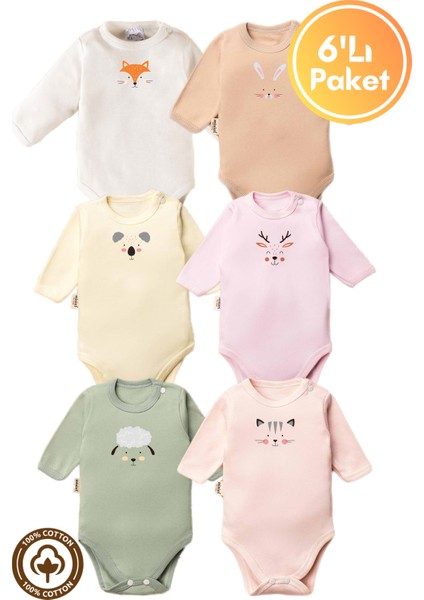 Unisex %100 Organik Pamuklu Hayvan Figürlü 3-6-9-12 Ay 6lı Uzun Kollu Bebek Body Zıbı