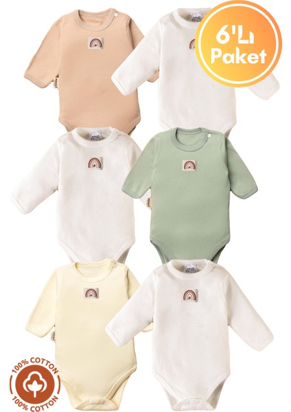 Unisex %100 Organik Pamuklu Arma Detaylı 3-6-9-12 Ay 6lı Uzun Kollu Bebek Body Zıbın