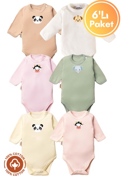 Unisex %100 Organik Pamuklu Hayvan Figür Baskılı 3-6-9-12 Ay 6lı Uzun Kollu Bebek Body Zıbın