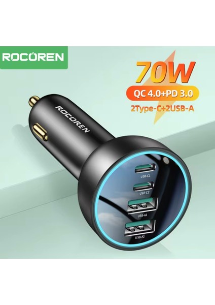 70W Type-C ve Usb Girişli 4 Port Ultra Hızlı CE+Rohs Lisanslı Pd Hızlı Araç içi Şarj Cihazı Çakmaklık Adaptörü