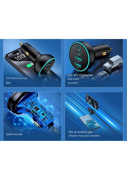 70W Type-C ve Usb Girişli 4 Port Ultra Hızlı CE+Rohs Lisanslı Pd Hızlı Araç içi Şarj Cihazı Çakmaklık Adaptörü