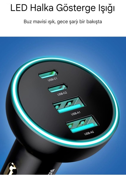 70W Type-C ve Usb Girişli 4 Port Ultra Hızlı CE+Rohs Lisanslı Pd Hızlı Araç içi Şarj Cihazı Çakmaklık Adaptörü