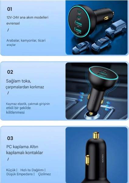70W Type-C ve Usb Girişli 4 Port Ultra Hızlı CE+Rohs Lisanslı Pd Hızlı Araç içi Şarj Cihazı Çakmaklık Adaptörü