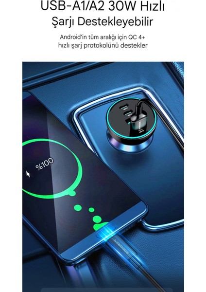 70W Type-C ve Usb Girişli 4 Port Ultra Hızlı CE+Rohs Lisanslı Pd Hızlı Araç içi Şarj Cihazı Çakmaklık Adaptörü