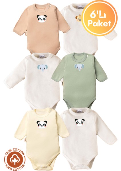 Unisex %100 Organik Pamuklu Hayvan Figür Baskılı 3-6-9-12 Ay 6lı Uzun Kollu Bebek Body Zıbın