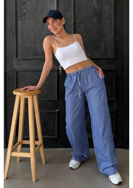 Lacivert Beli Ayarlanabilir Çizgili Cepli Bol Paça Kadın Pantolon MG2312