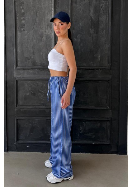 Lacivert Beli Ayarlanabilir Çizgili Cepli Bol Paça Kadın Pantolon MG2312 fiyatları