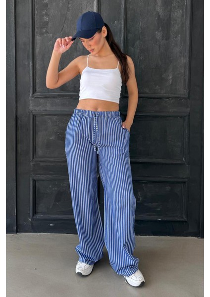 Lacivert Beli Ayarlanabilir Çizgili Cepli Bol Paça Kadın Pantolon MG2312 modelleri