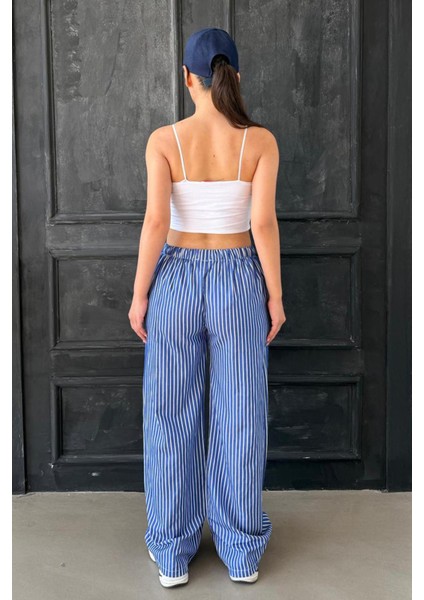 Lacivert Beli Ayarlanabilir Çizgili Cepli Bol Paça Kadın Pantolon MG2312 fırsatları