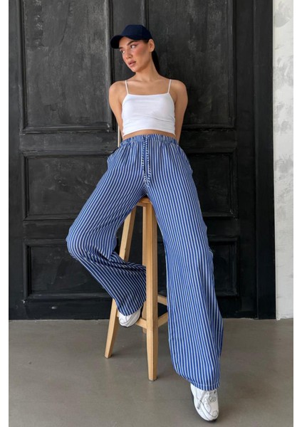 Lacivert Beli Ayarlanabilir Çizgili Cepli Bol Paça Kadın Pantolon MG2312 indirimleri