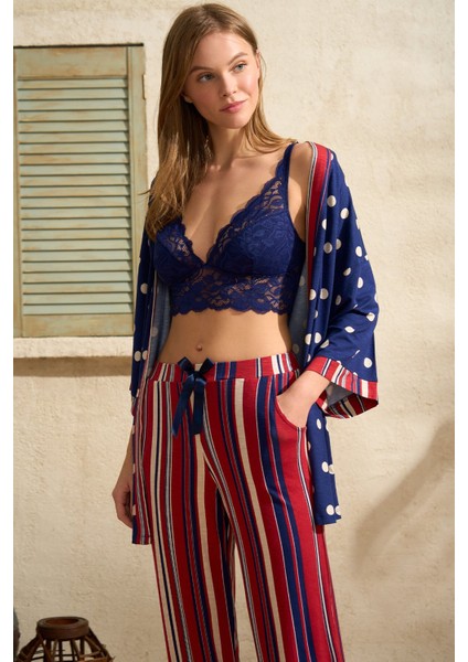 Egeteks Kadın Viskon Puantiyeli Desteksiz Dantelli Bralet Sütyen ve Çizgili Pantolon Pijama 3'lü Takım