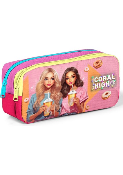 Kids Pembe Neon Mercan Fashion Girl Desenli Iki Bölmeli Kalem Çantası 22144