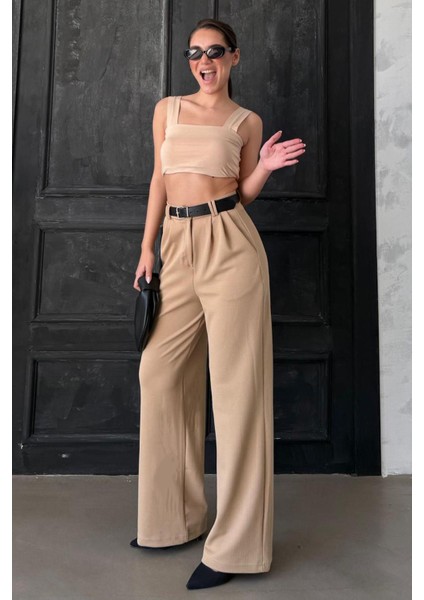 Bej Çift Pileli Kemerli Pantolon MG2330