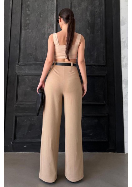 Bej Çift Pileli Kemerli Pantolon MG2330
