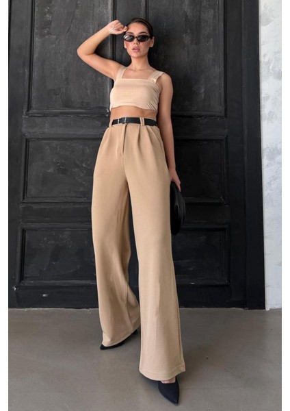 Bej Çift Pileli Kemerli Pantolon MG2330