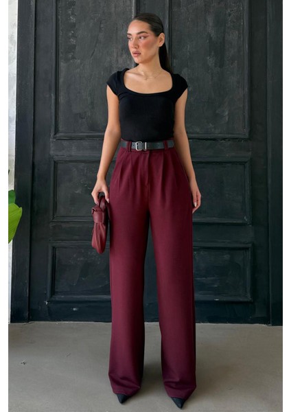 Bordo Çift Pileli Kemerli Pantolon MG2330 fırsatları