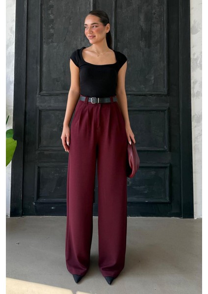 Bordo Çift Pileli Kemerli Pantolon MG2330 indirimleri