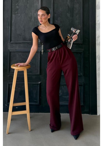 Bordo Çift Pileli Kemerli Pantolon MG2330