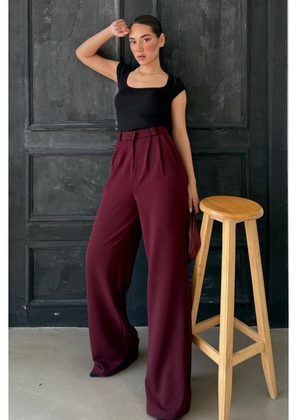 Bordo Çift Pileli Kemerli Pantolon MG2330 modelleri