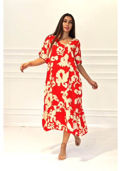 Kadın Kırmızı Desenli V Yaka Cepli Etekleri Fırıfırlı Midi Elbise fiyatları