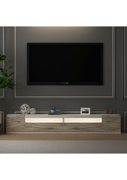 T008 Arya Işıklı Tv Sehpası Set, Efes Mermer/Beyaz fiyatları